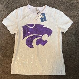 White Sequin T-Shirt with Purple Logo